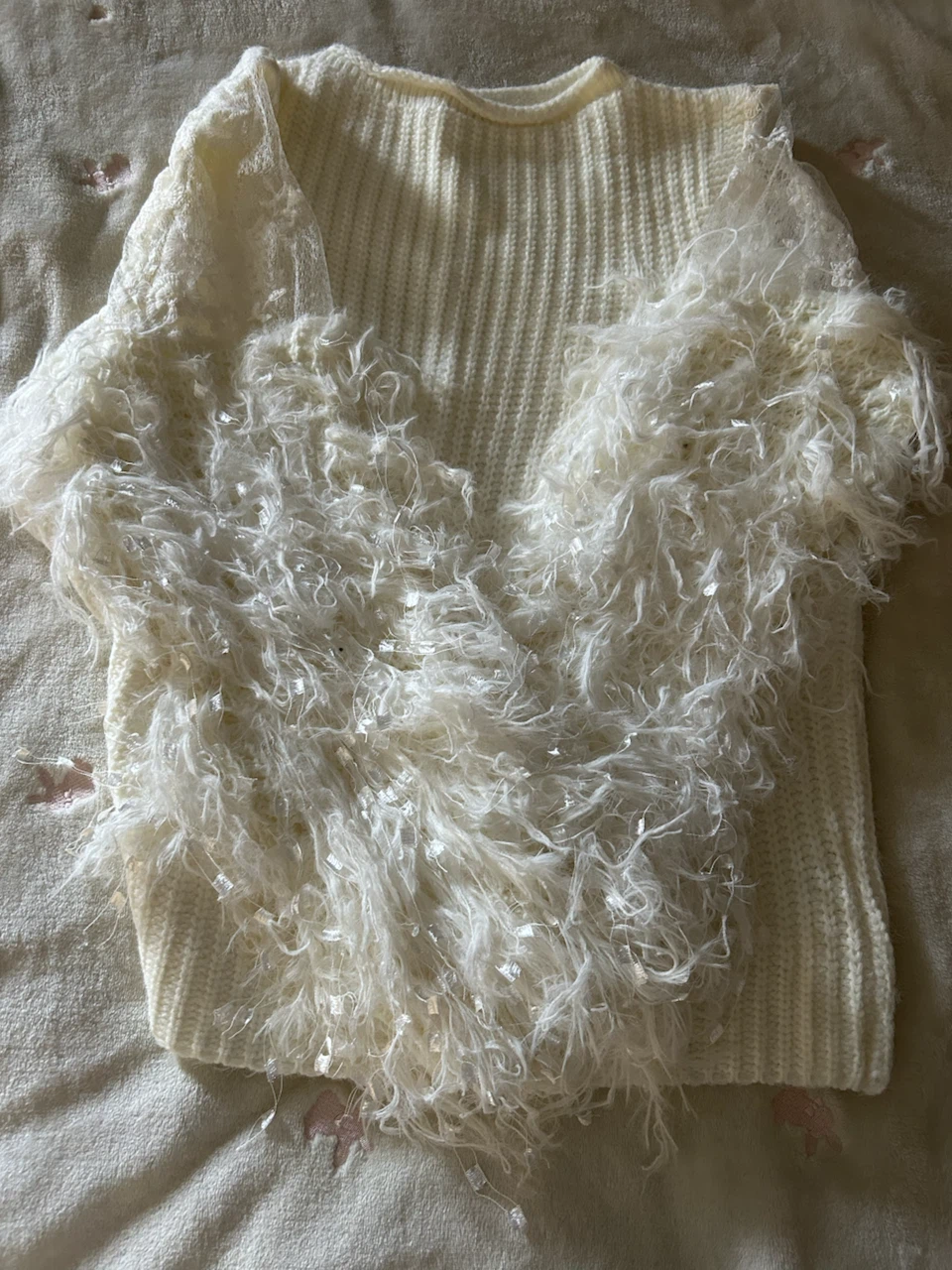 Cream knit sweater with fuzzy overlay and lace sleeves - photo 2