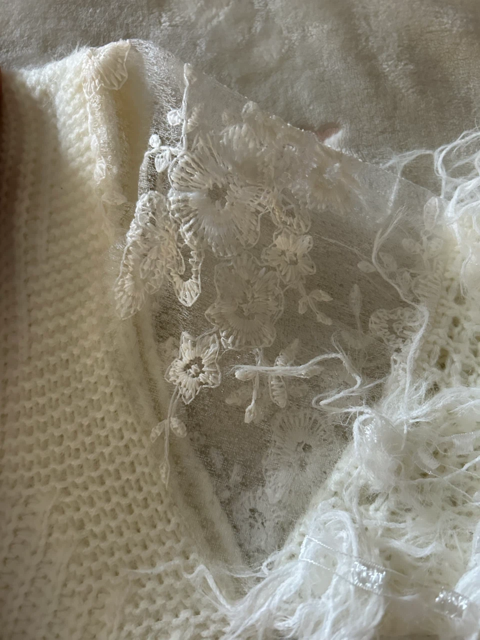 Cream knit sweater with fuzzy overlay and lace sleeves - photo 3