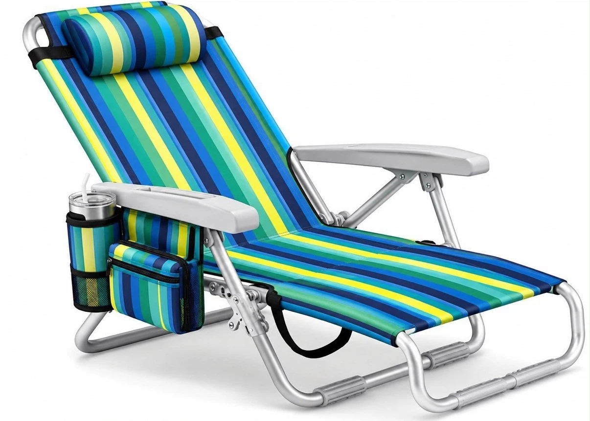 Striped Beach Chair with Cup Holder and Storage