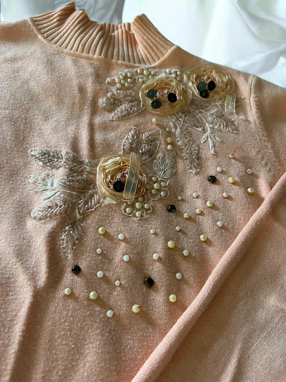 Peach Mock Neck Sweater with Floral Beading