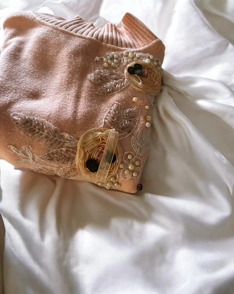 Peach Mock Neck Sweater with Floral Beading - photo 2