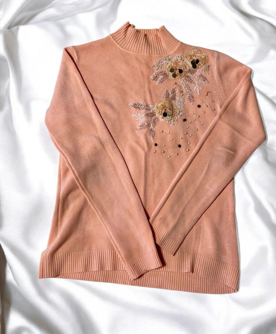 Peach Mock Neck Sweater with Floral Beading - photo 3