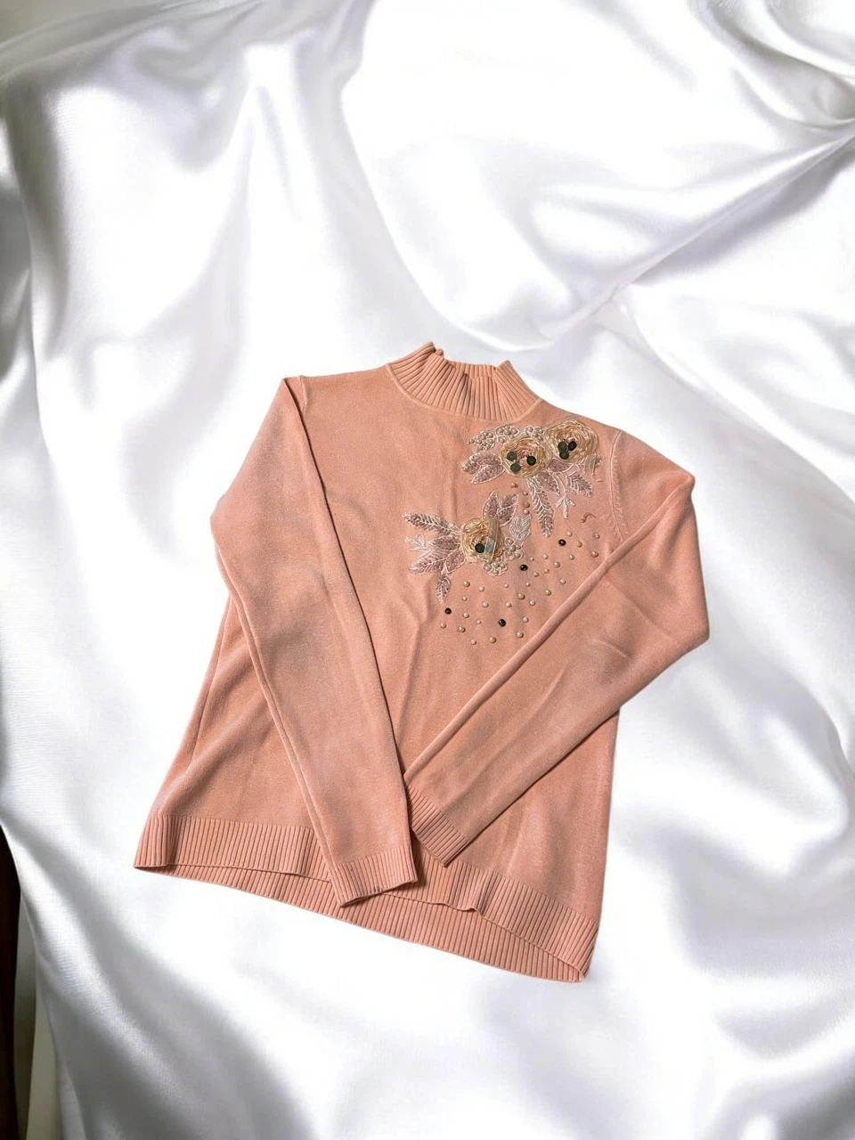 Peach Mock Neck Sweater with Floral Beading - photo 5