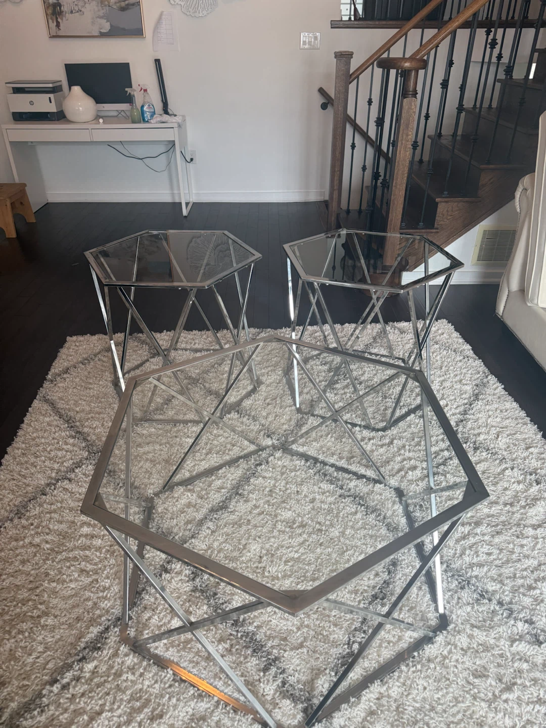 Set of 3 Hexagonal Glass Top Side Tables