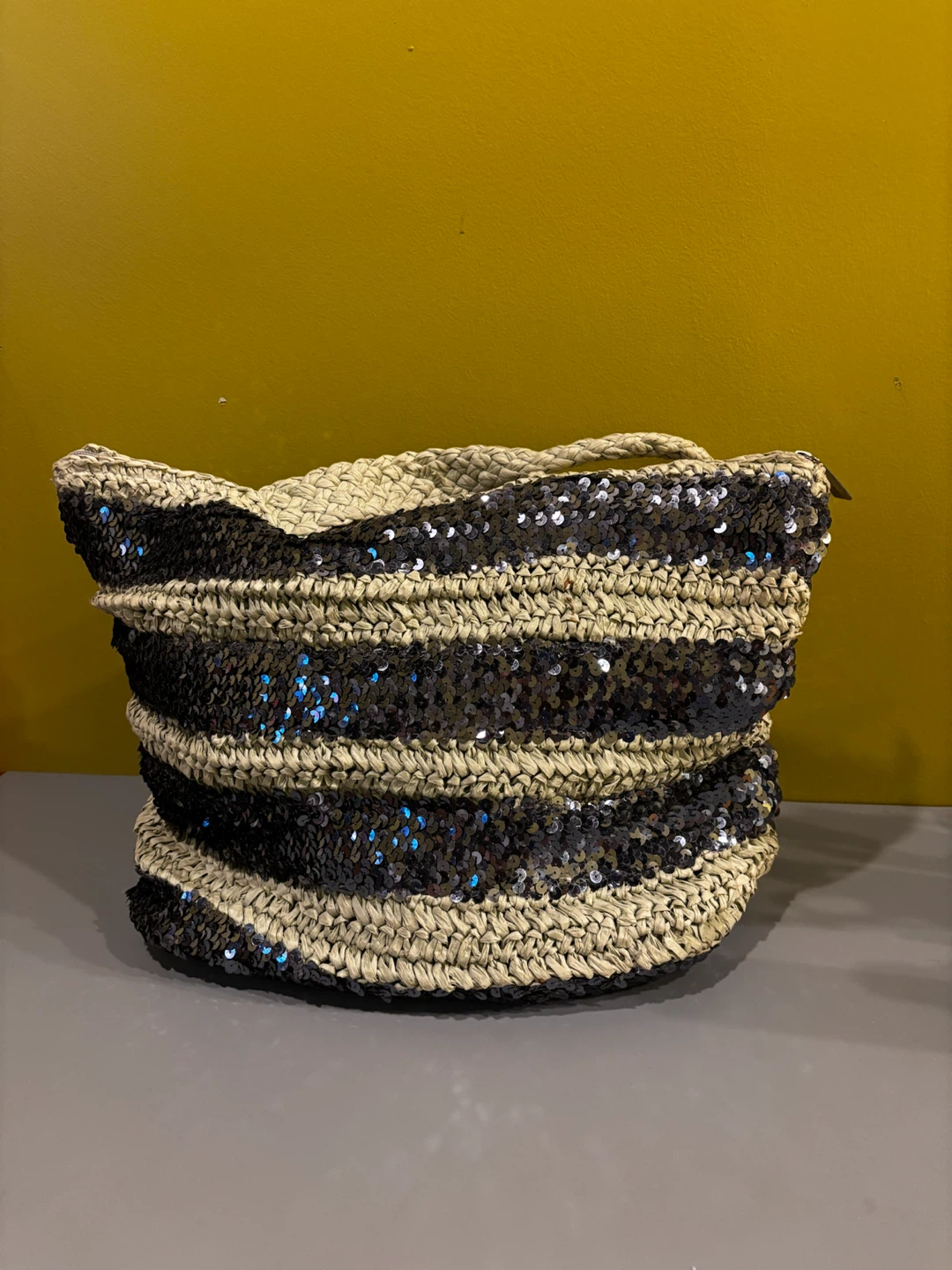 Woven Straw and Sequin Tote Bag