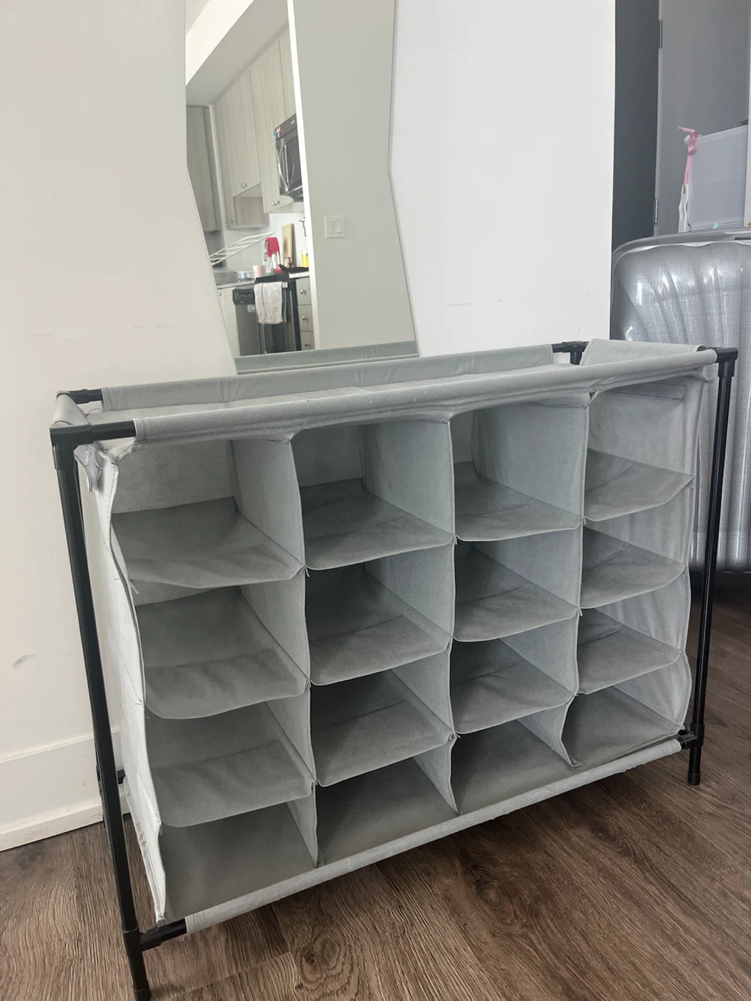 Grey 16-Pocket Fabric Shoe Rack Organizer