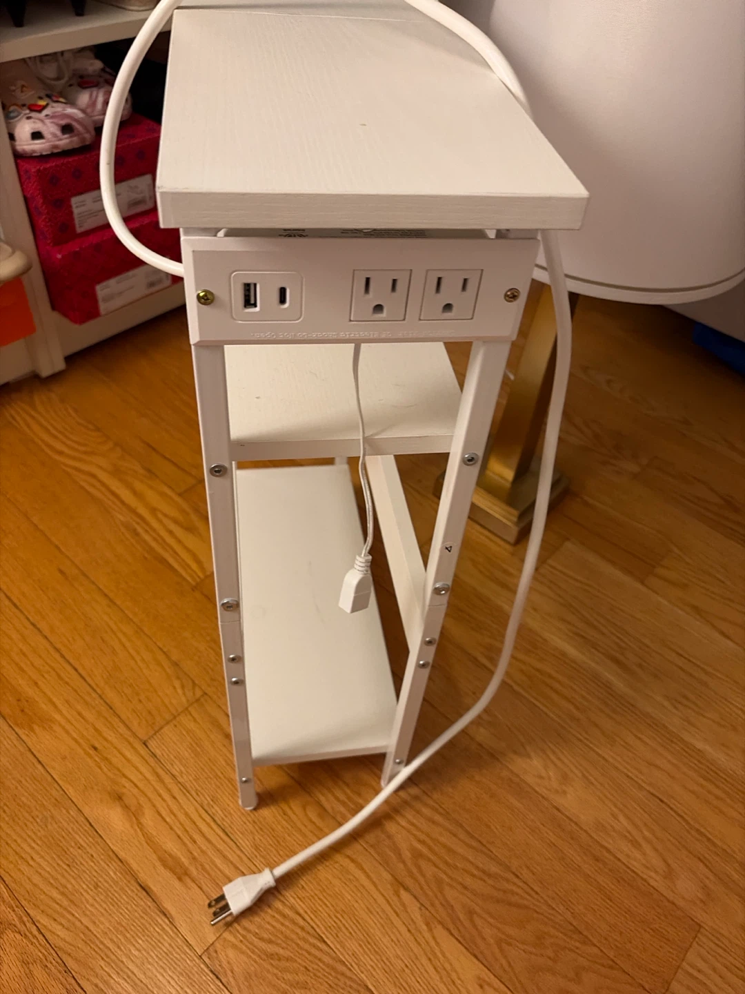 White Narrow End Table with Power Outlet and USB Ports