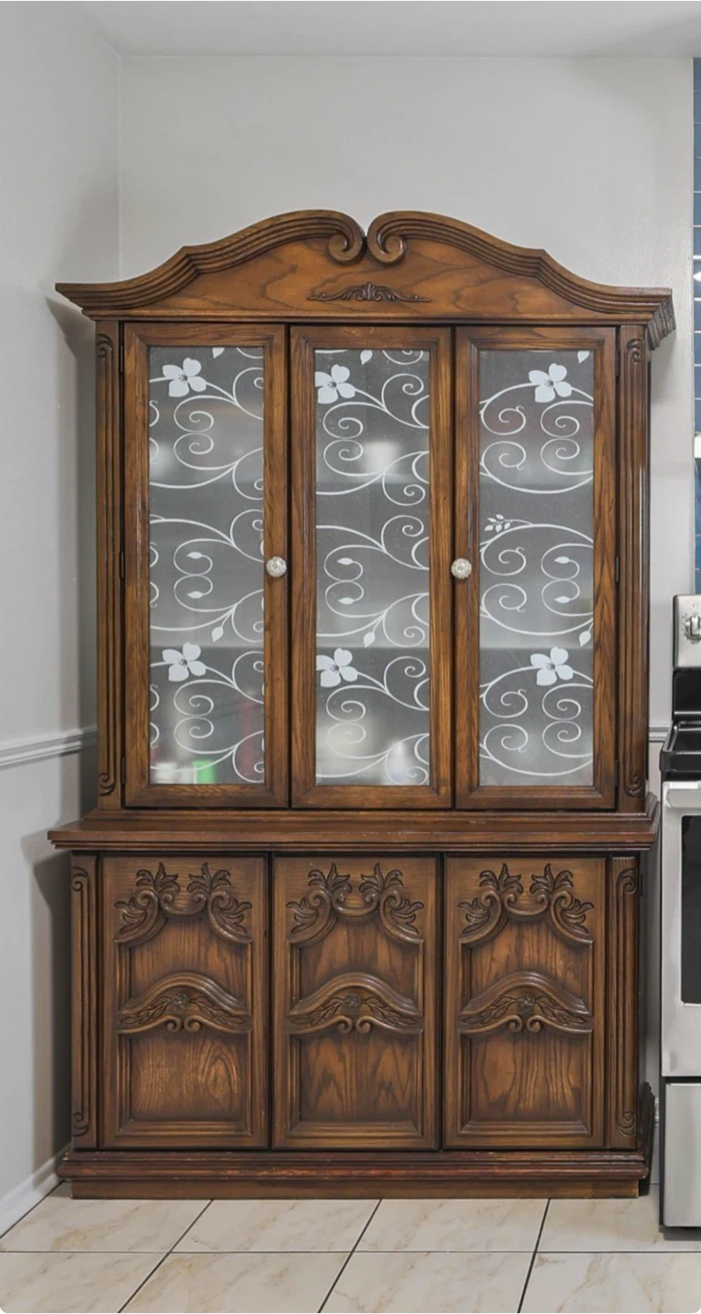 Vintage China Cabinet with Frosted Glass Doors