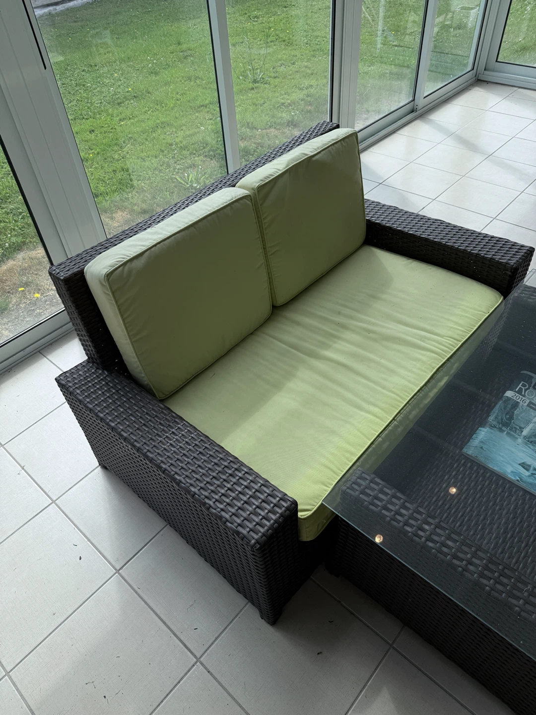 Wicker Outdoor Sofa with Light Green Cushions - photo 2