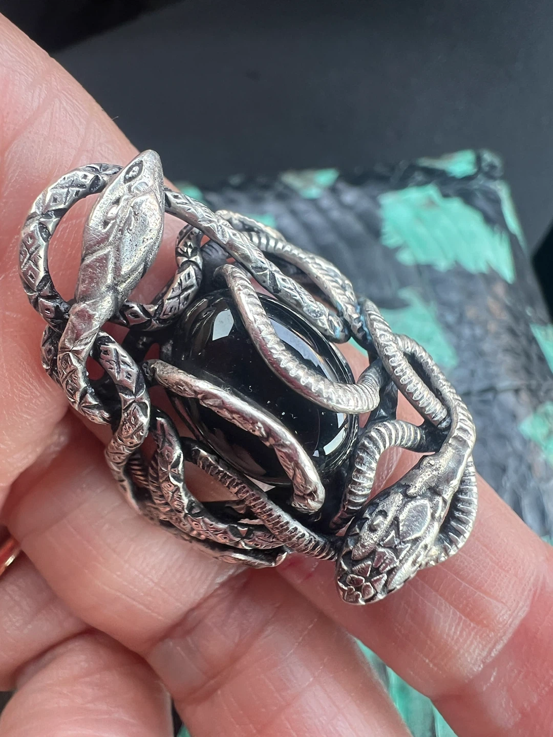 Sterling Silver Snake Ring with Black Stone