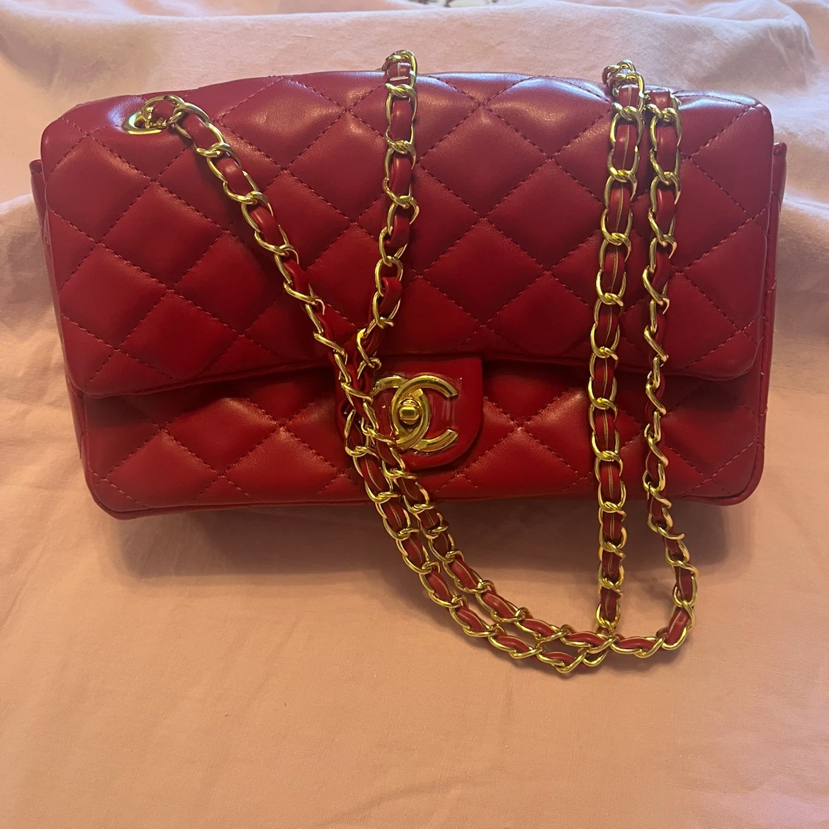 Red Quilted Flap Handbag with Gold Chain