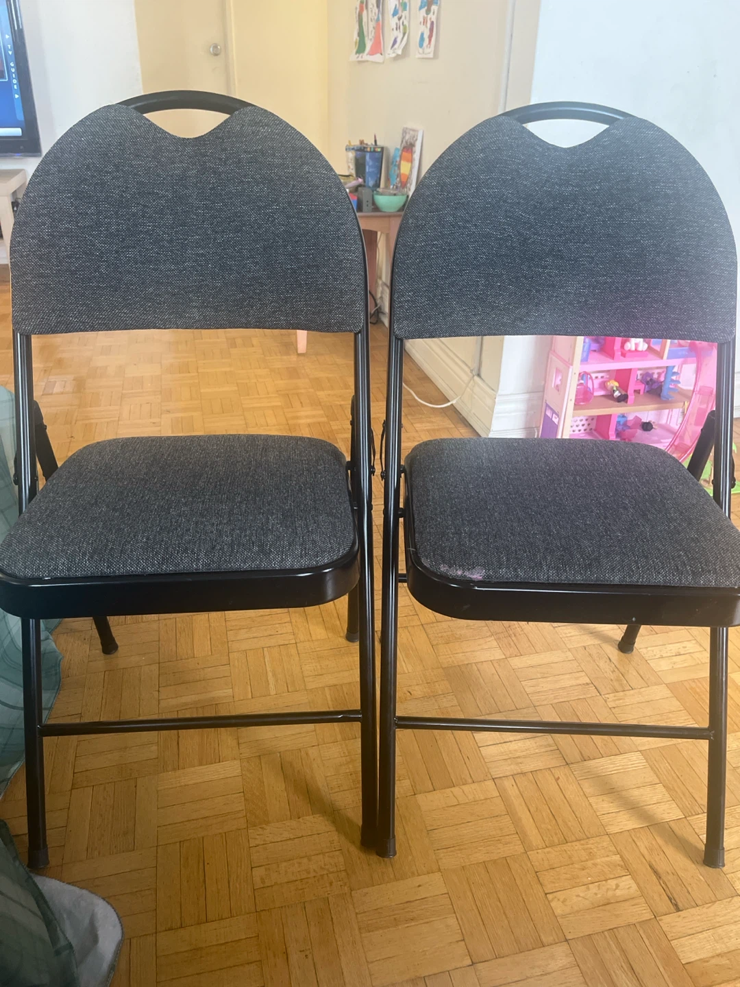 Folding Chairs (2) - Black Metal & Grey Fabric