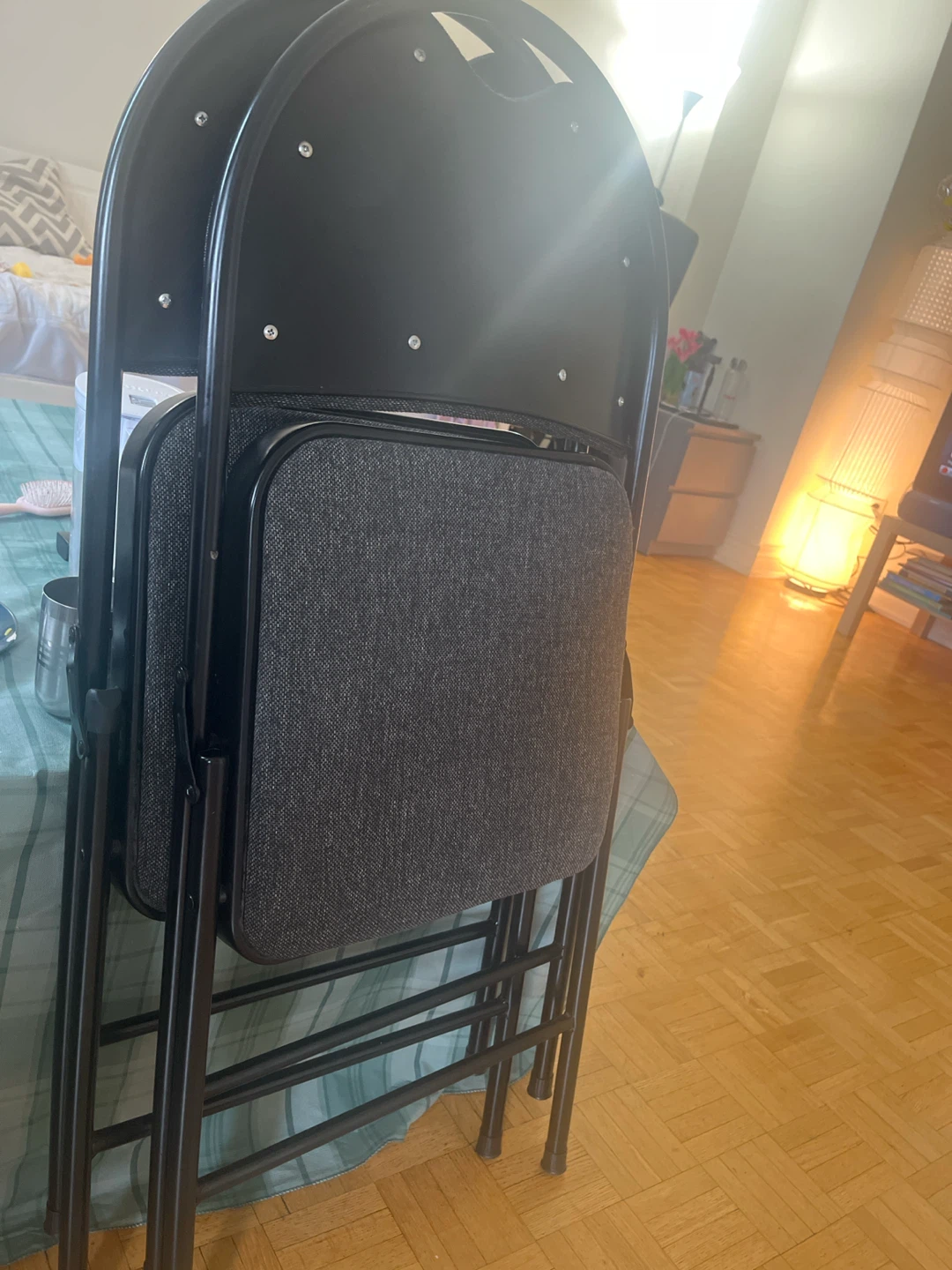 Folding Chairs (2) - Black Metal & Grey Fabric - photo 2