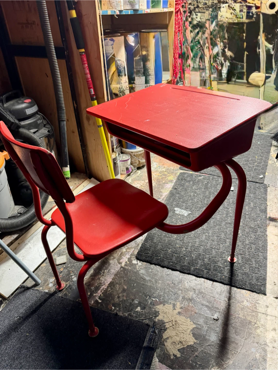Two Vintage Red School Desk and Chair Set