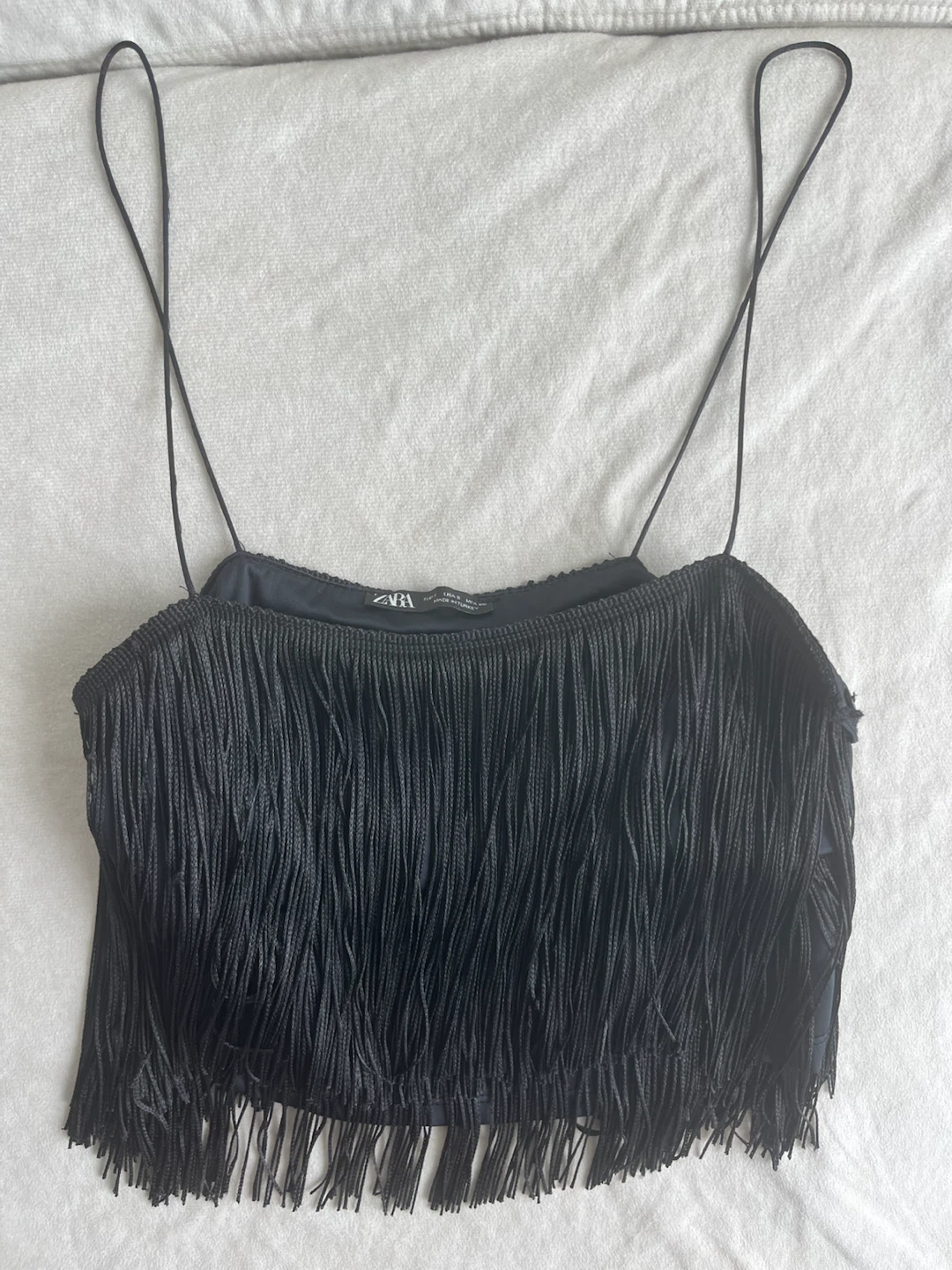 Black Fringed Crop Top - Zara - Size S