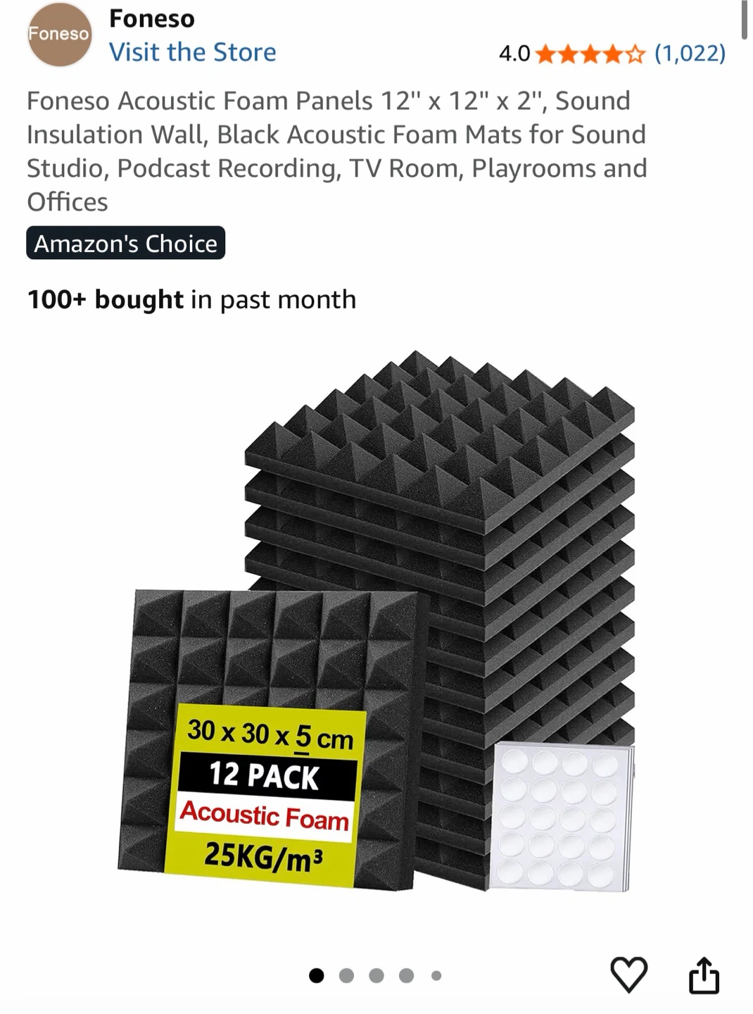 Foneso Acoustic Foam Panels 12" x 12" x 2" - 6 Pack Black