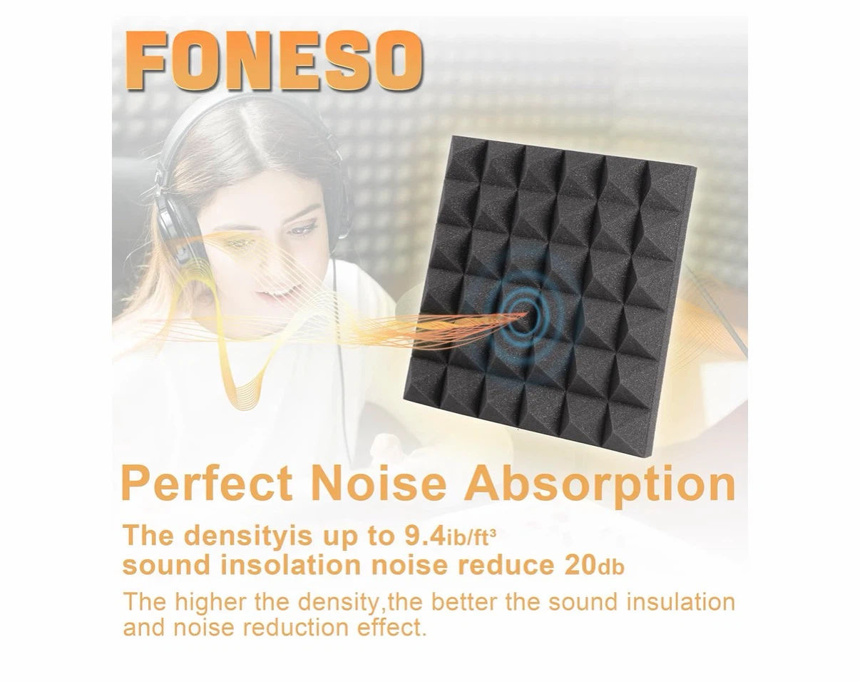 Foneso Acoustic Foam Panels 12" x 12" x 2" - 6 Pack Black - photo 2