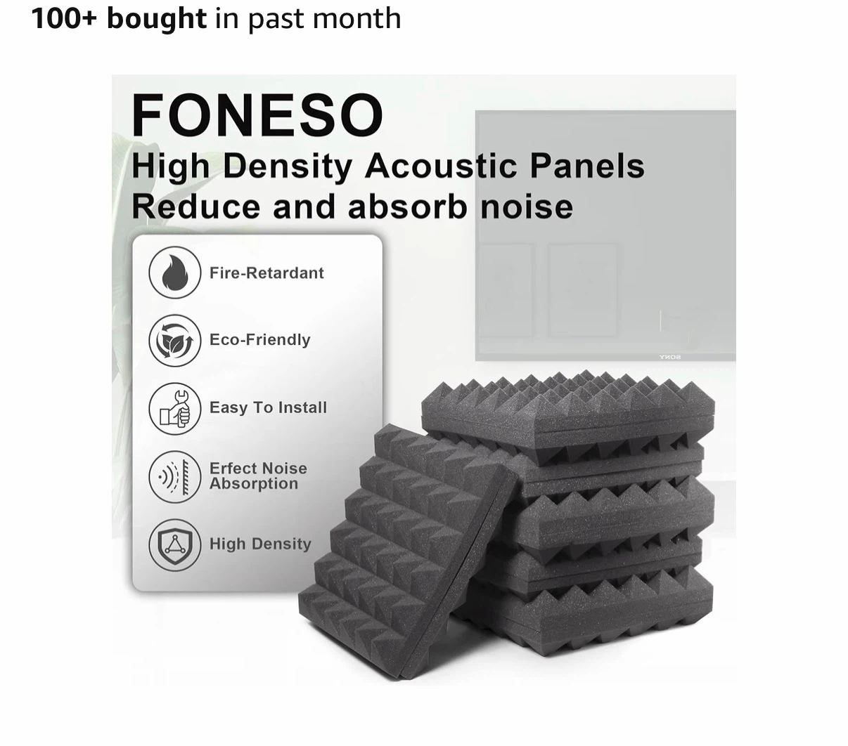 Foneso Acoustic Foam Panels 12" x 12" x 2" - 6 Pack Black - photo 3