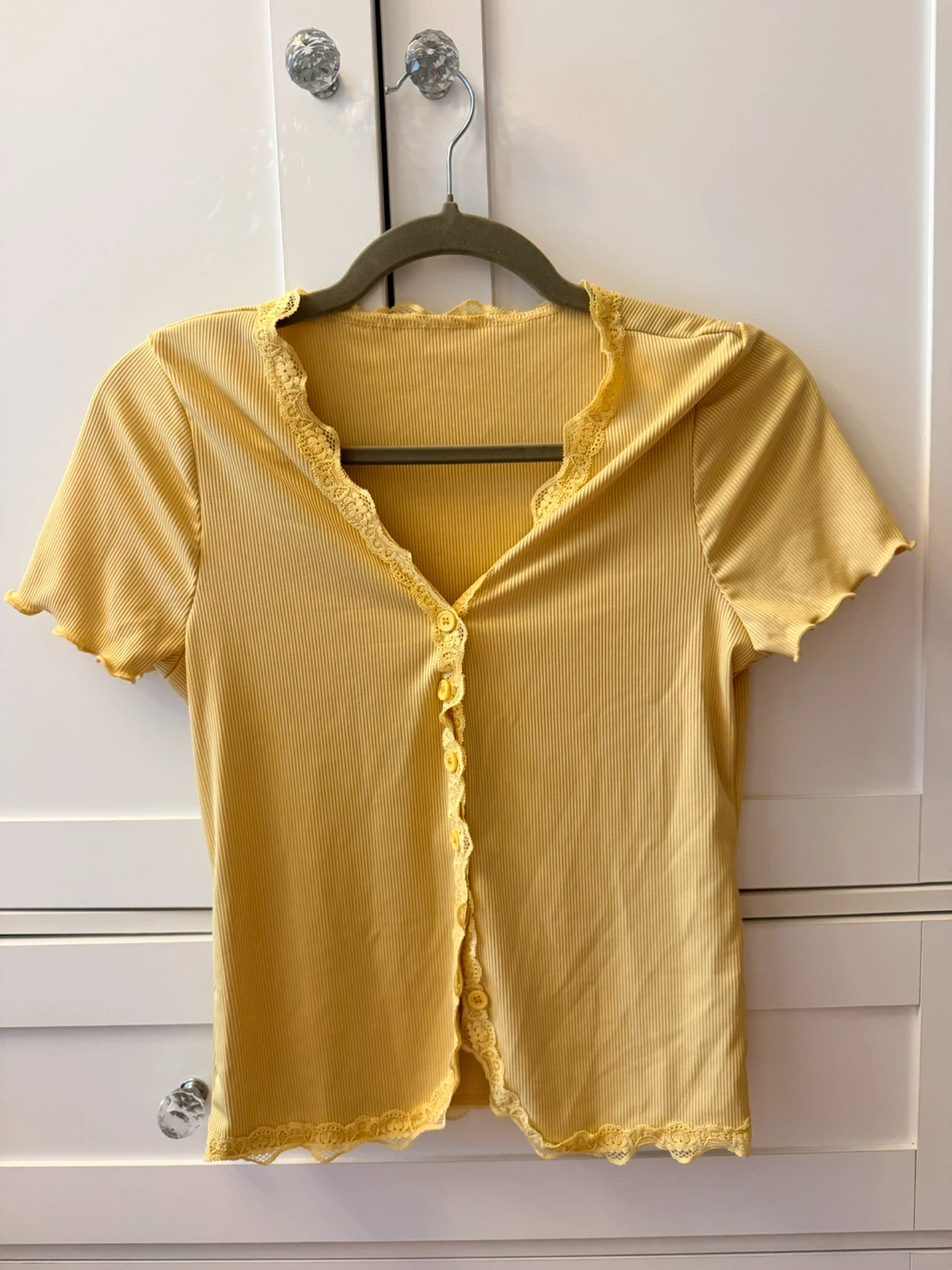Yellow Ribbed Lace Trim Button-Up Top