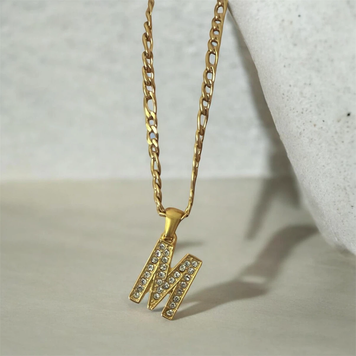 Gold 'M' Initial Pendant Necklace with Crystals
