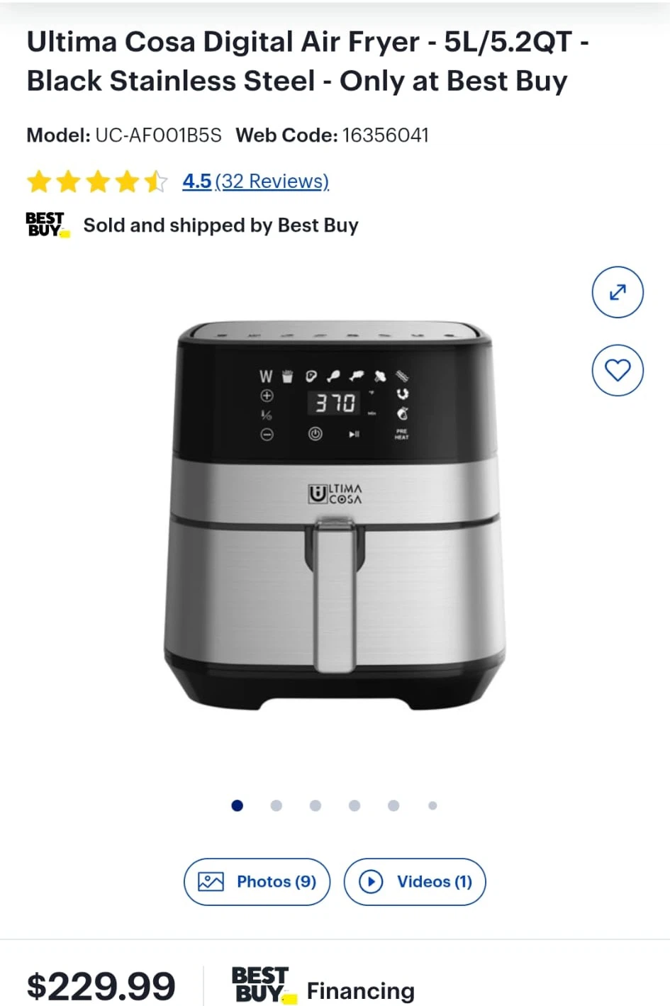 Ultima Cosa Digital Air Fryer 5L/5.2QT