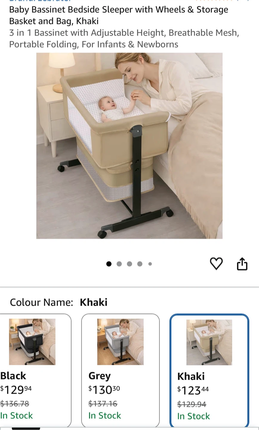 Baby Bassinet Bedside Sleeper with Wheels & Storage Bag - Khaki