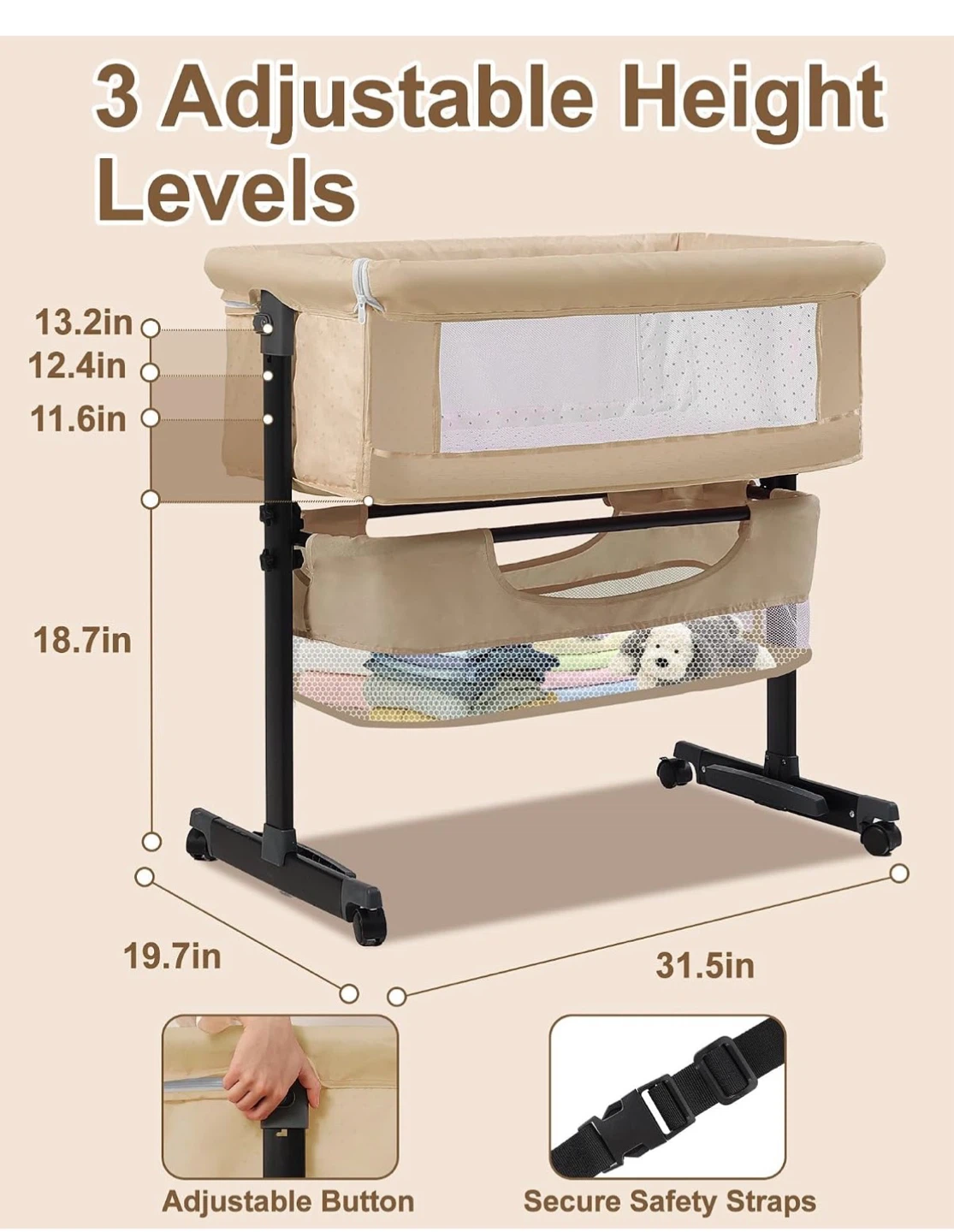 Baby Bassinet Bedside Sleeper with Wheels & Storage Bag - Khaki - photo 2