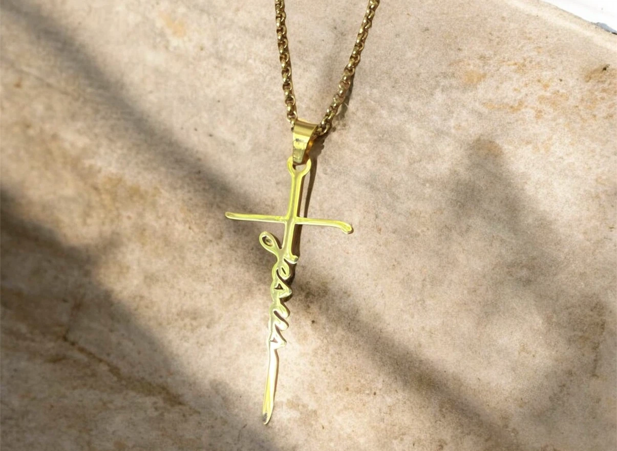Stainless steel Cross Necklace with 'Jesus' Script Pendant