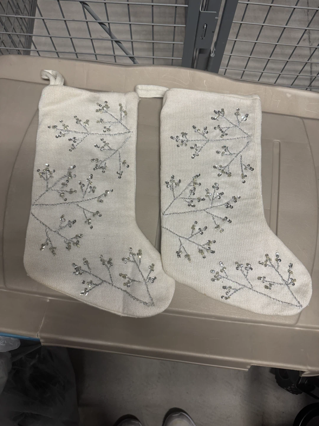Set of 2 White Sequin Branch Christmas Stockings