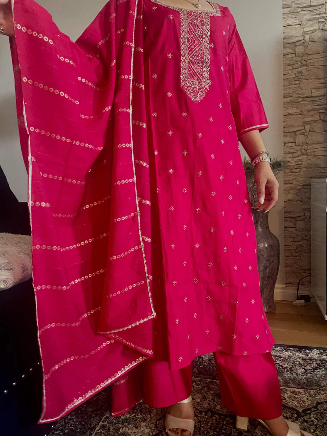 Women's Pink Embroidered Kurti Pants and Dupatta Set