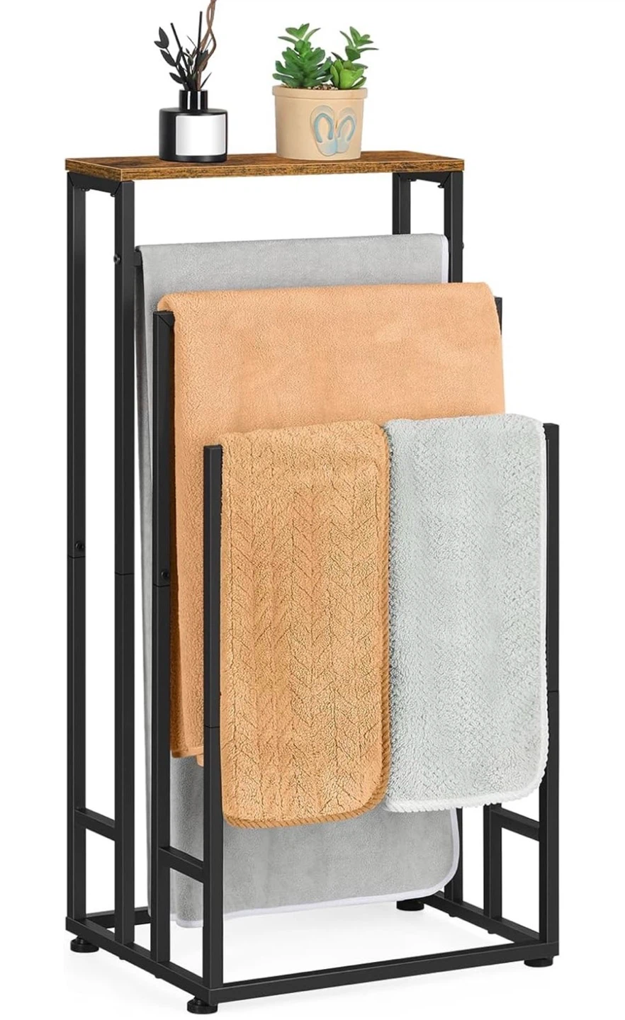 Rustic Wood and Metal Towel Rack Stand - photo 5