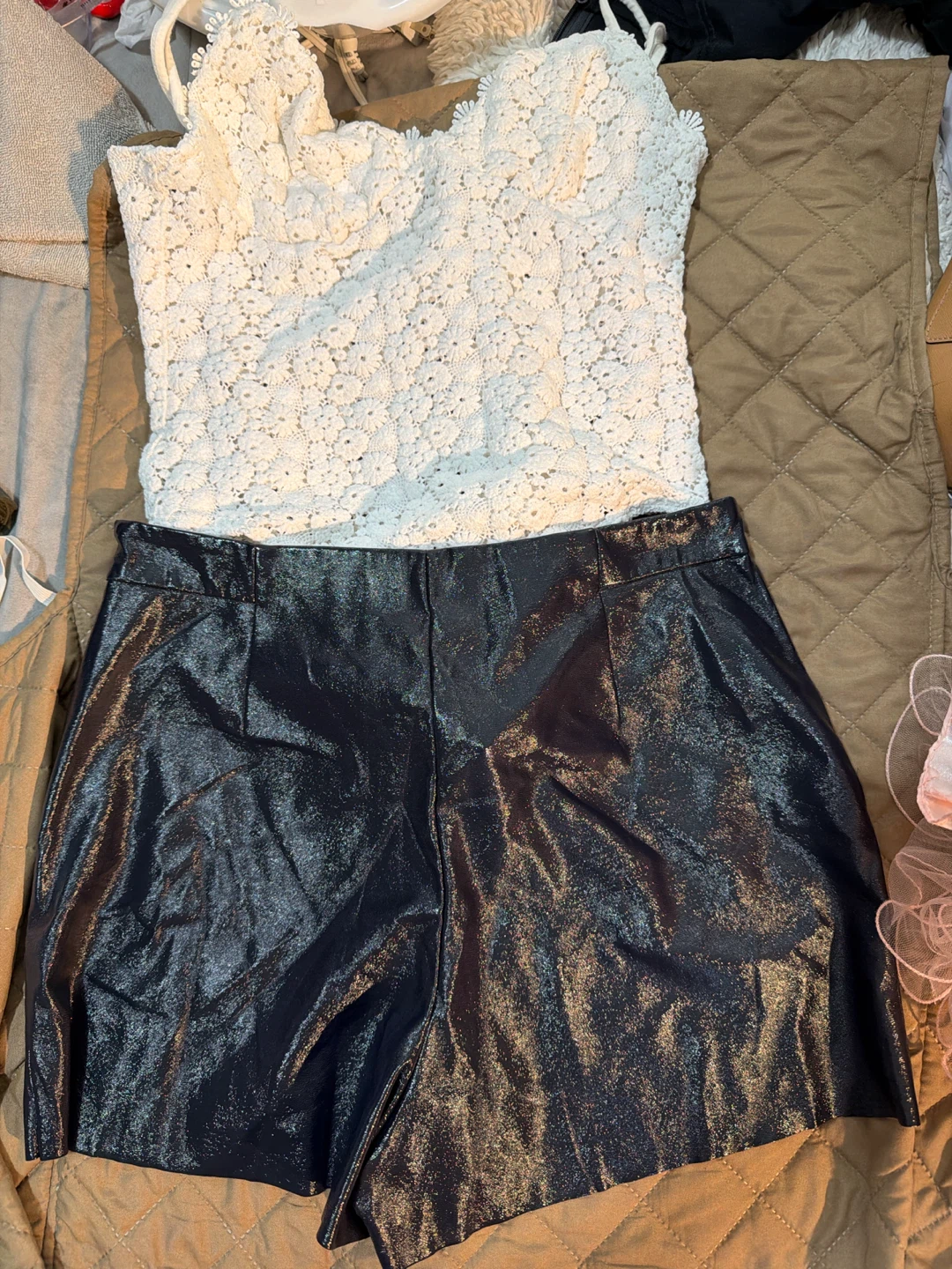 White Crochet Lace Cami Top and Black Faux Leather Shorts Set