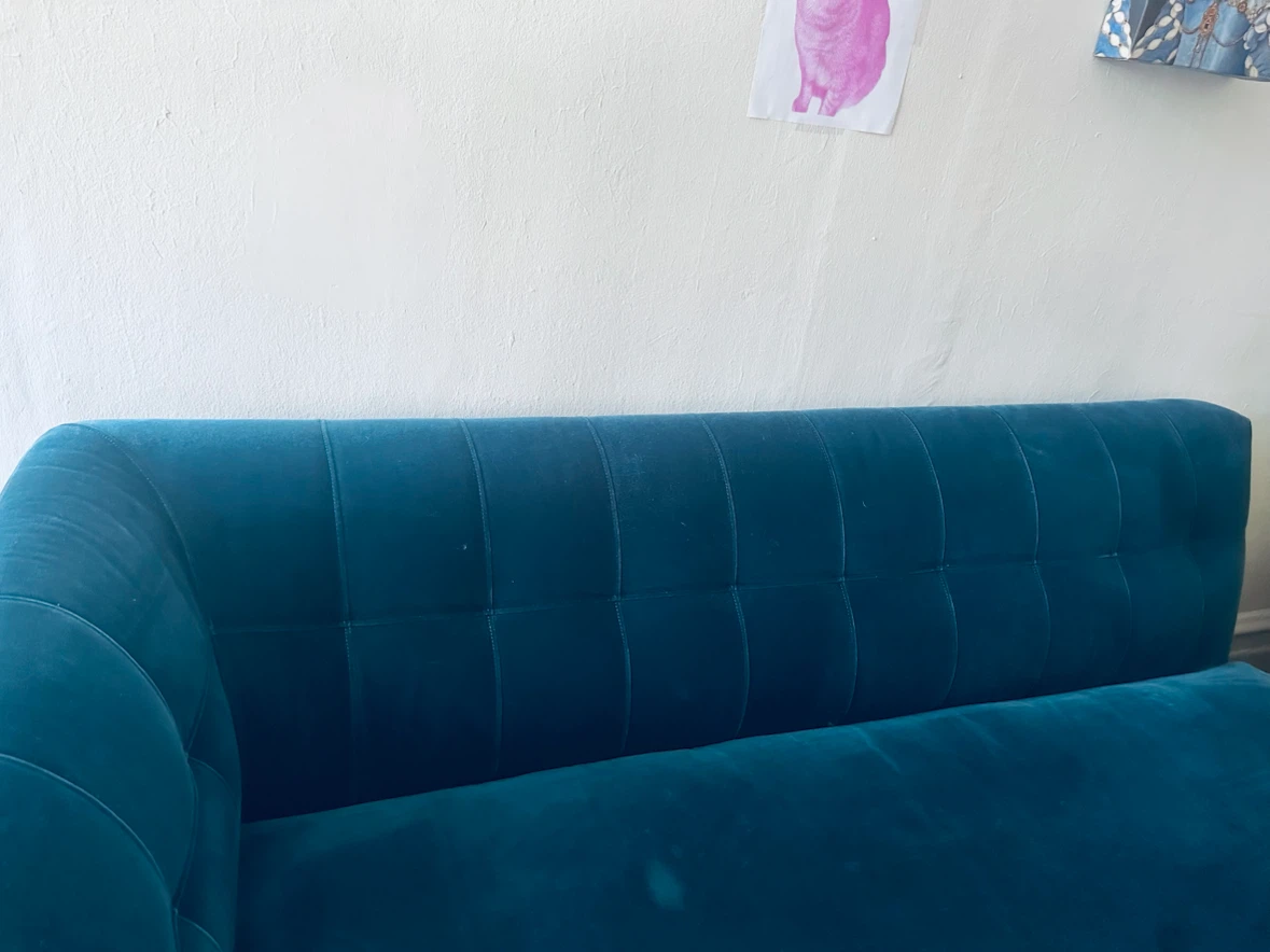 CB2 Blue Velvet love seat only left part - photo 2