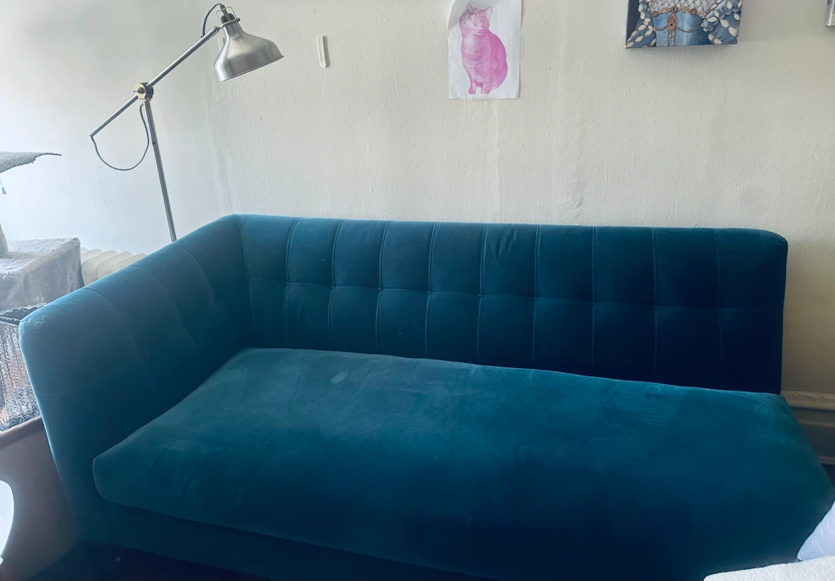 CB2 Blue Velvet love seat only left part - photo 3