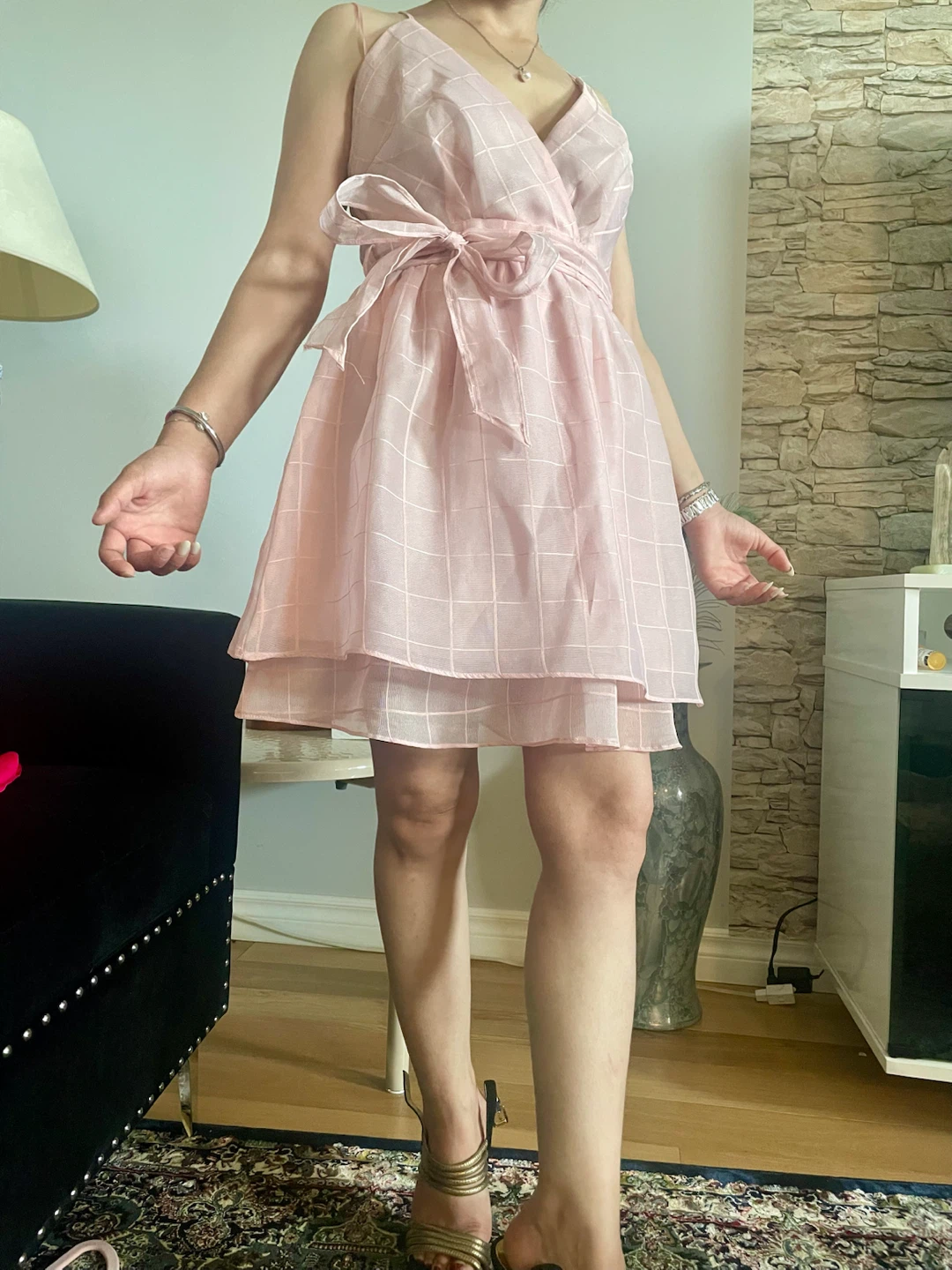 Pink Grid Pattern Mini Dress - Size S