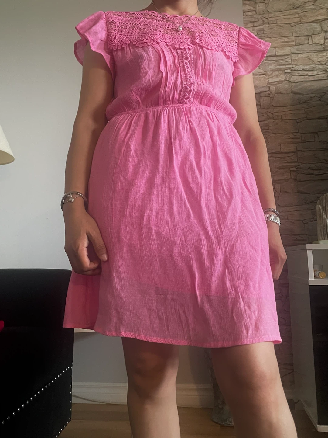Pink Textured Dress with Crochet Neckline