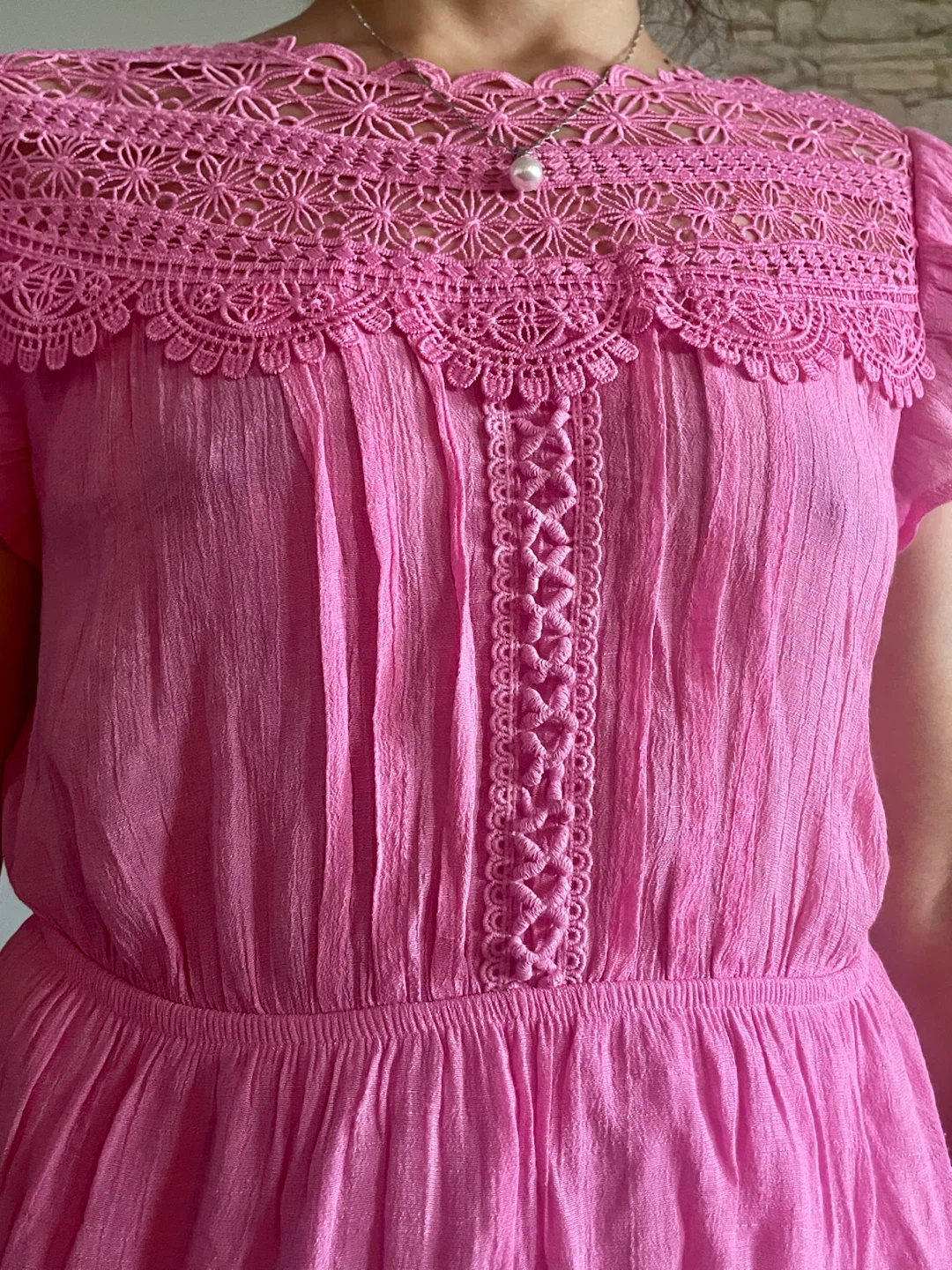 Pink Textured Dress with Crochet Neckline - photo 2