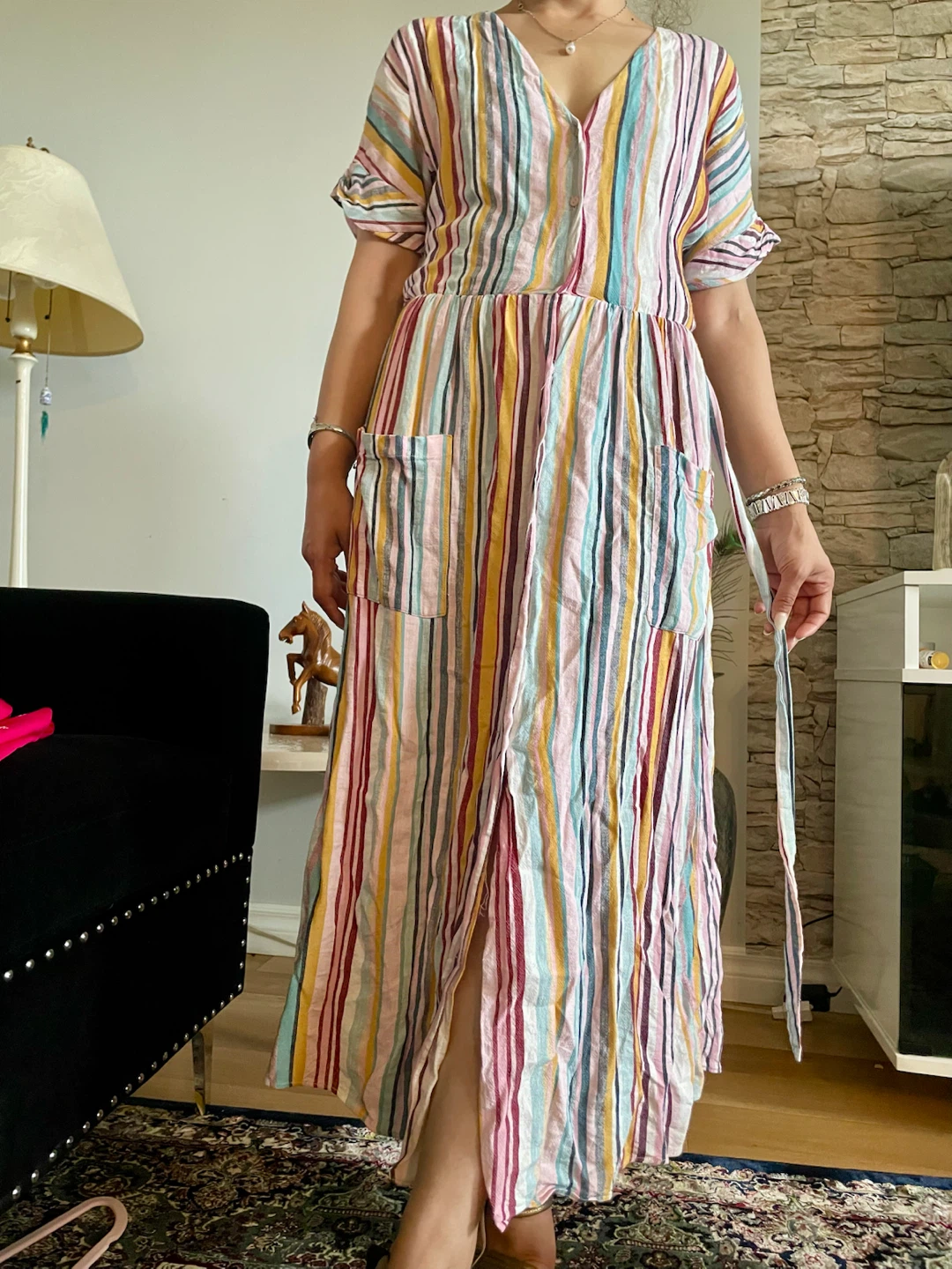 Striped Maxi Dress with Belt
