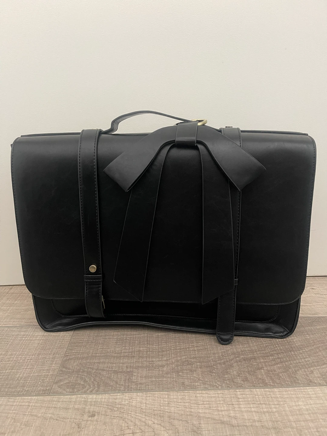 Black Faux Leather Satchel Bag with Bow Detail