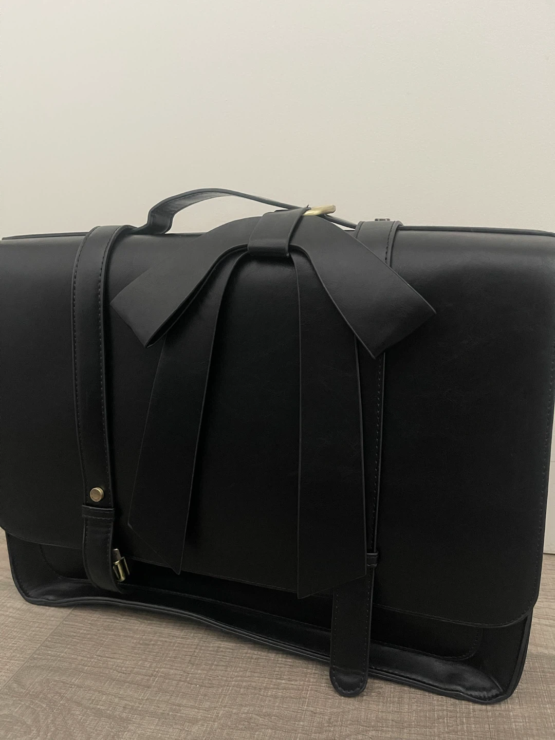 Black Faux Leather Satchel Bag with Bow Detail - photo 2