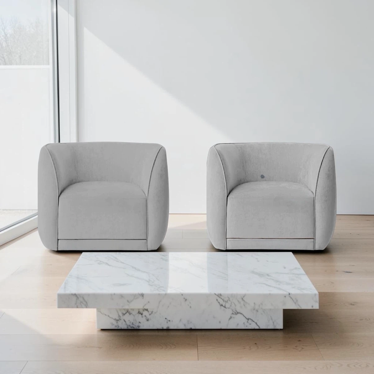 Set of two barrel chairs that swivel 360’