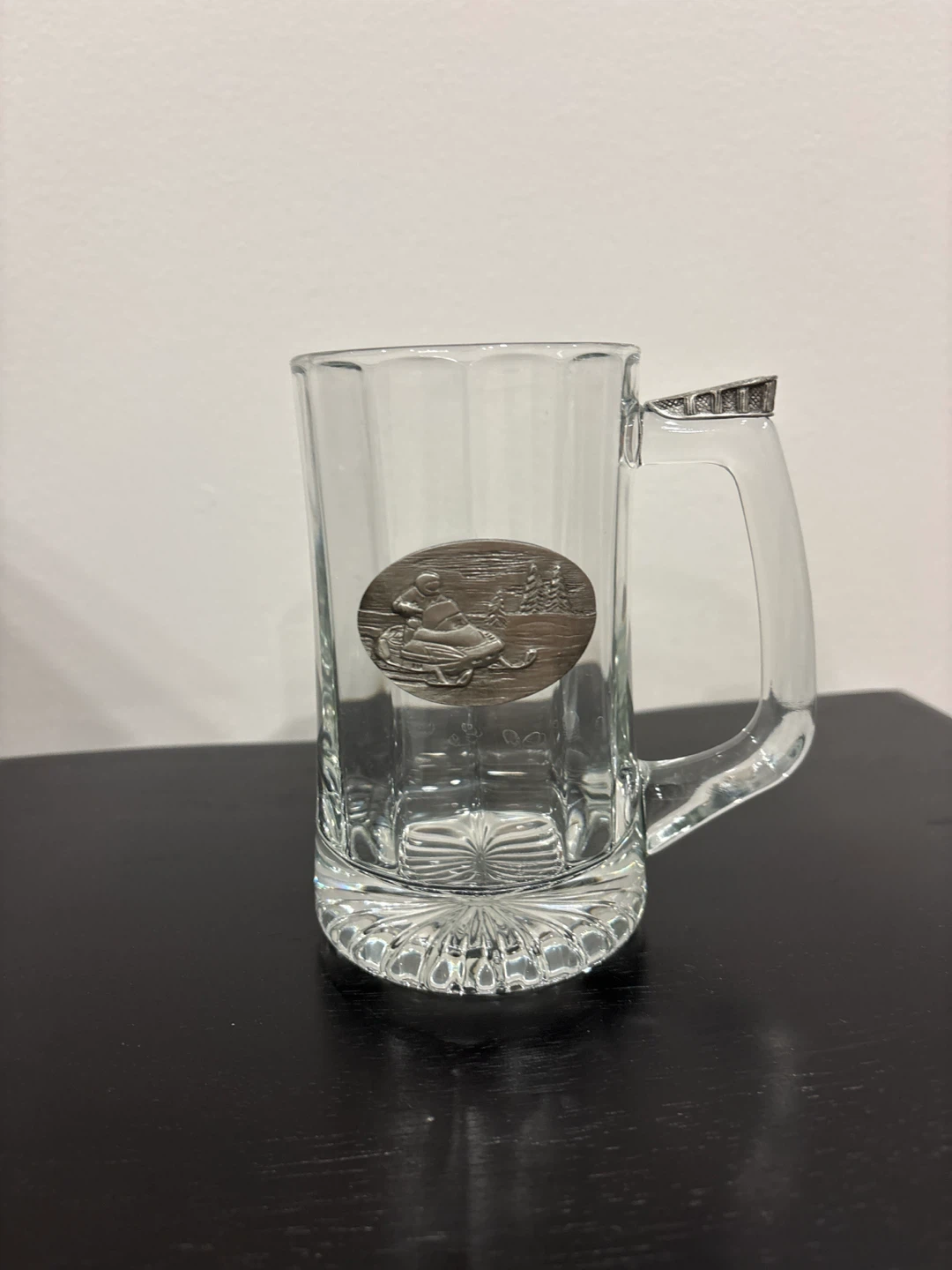 Glass Beer Mug with Snowmobile Emblem
