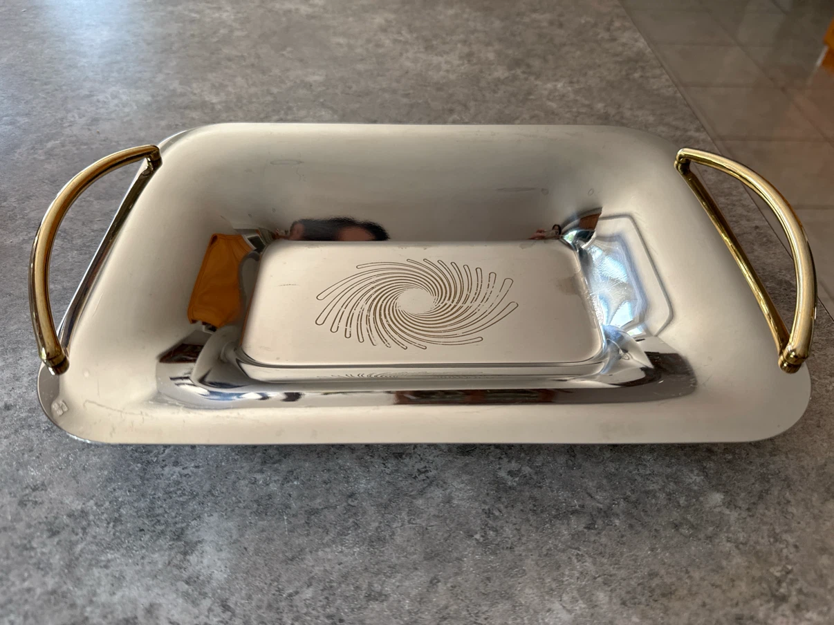 Stainless Steel Serving Tray with Gold Handles