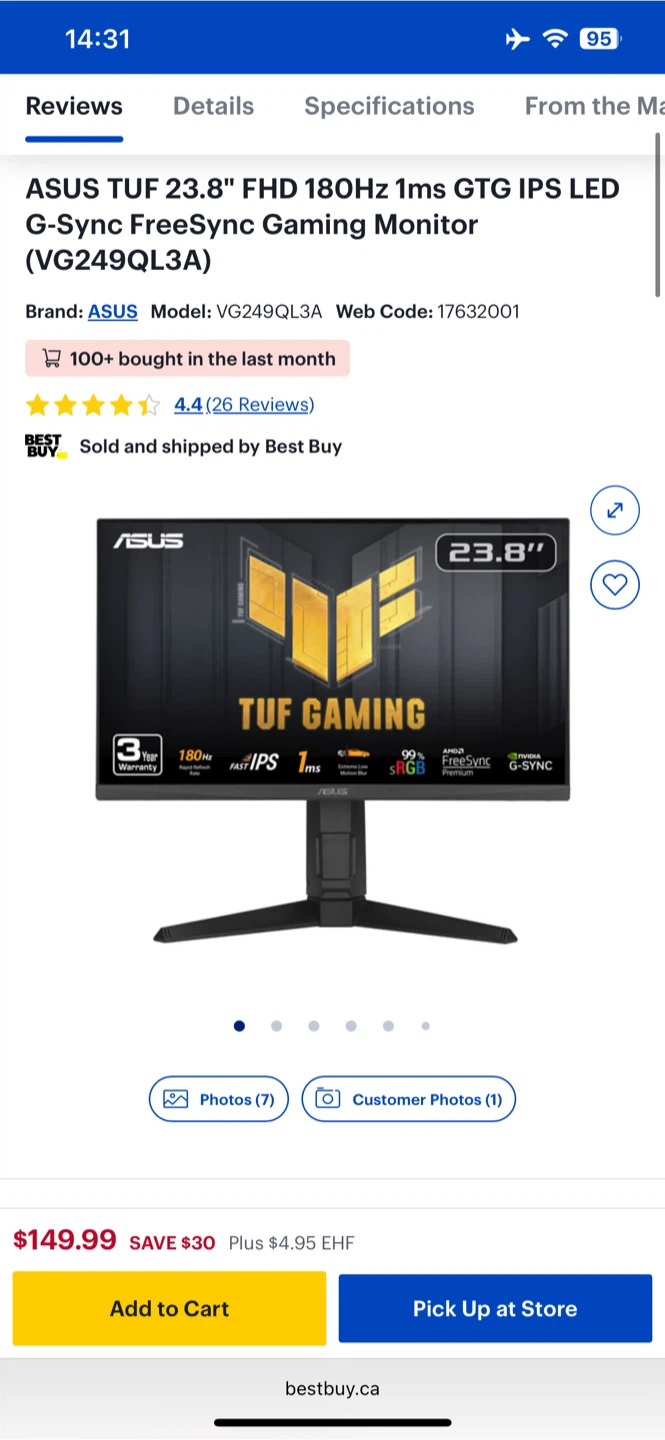 ASUS TUF 23.8" FHD 180Hz Gaming Monitor