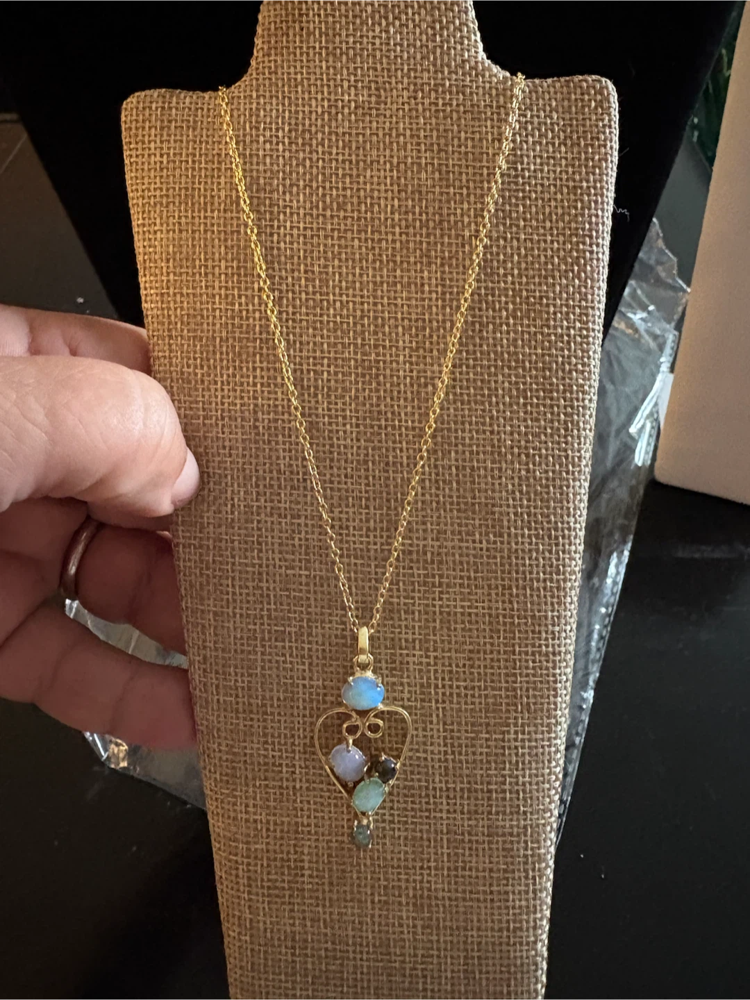 14K 925 Heart Pendant Necklace with genuine  Opalite Stones - photo 2