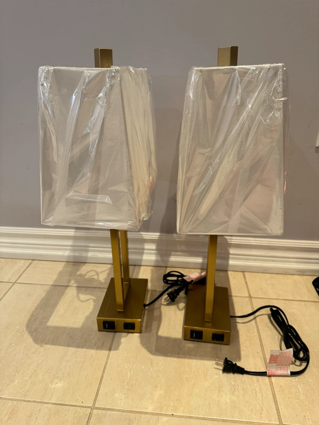 Pair of Gold Table Lamps with USB Ports