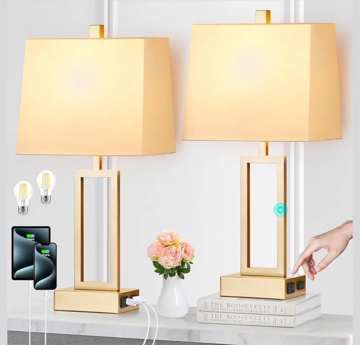 Pair of Gold Table Lamps with USB Ports - photo 4