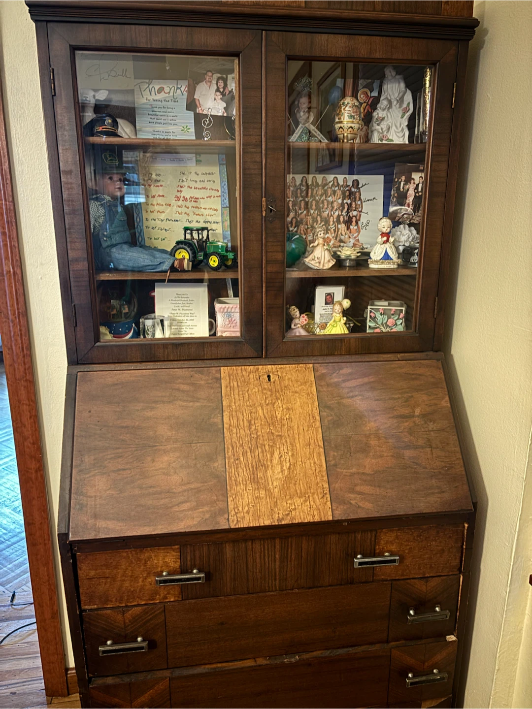 Antique Wooden Secretary Glass Display Cabinet