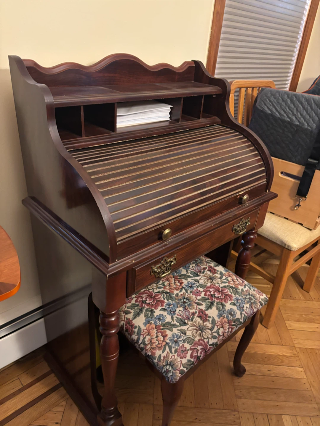 Vintage Wooden Roll-Top Desk with Stool