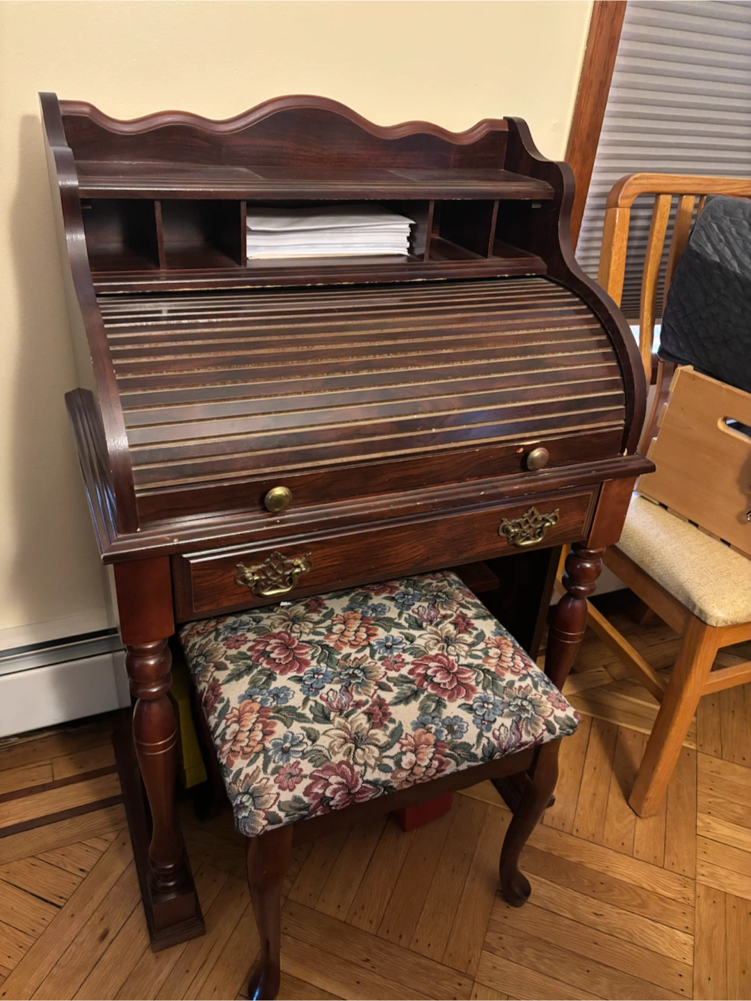 Vintage Wooden Roll-Top Desk with Stool - photo 2